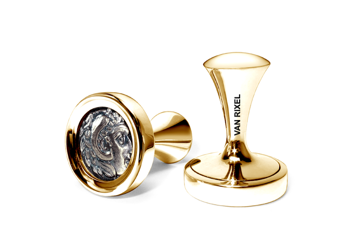 Een paar luxe, hoogwaardige, exclusieve en handgemaakte High End manchetknopen in 18 kt Geelgoud met Alexander de Grote munt - MII